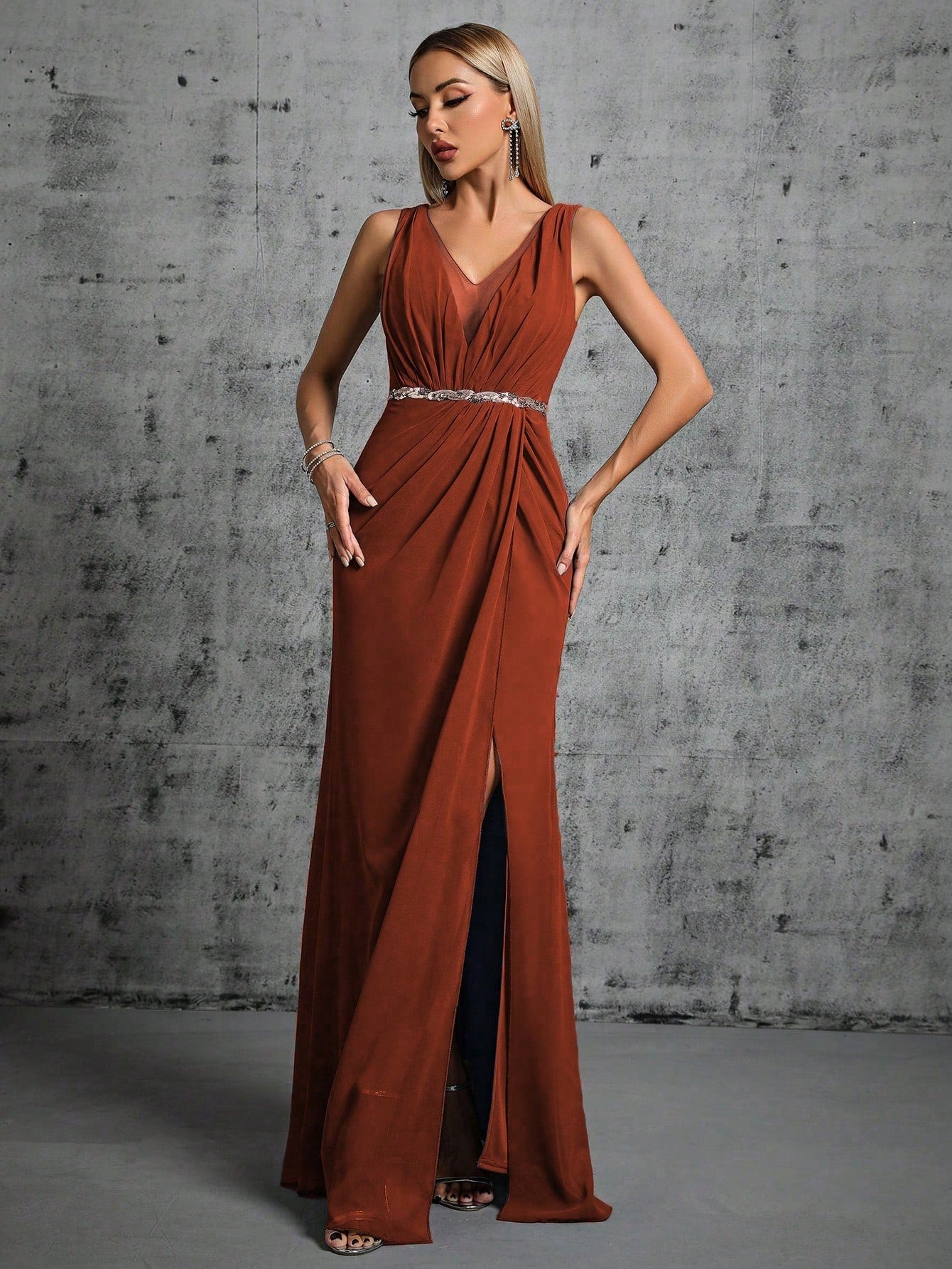 Elegant Brown V-Neck Maxi in - by Malbusaat