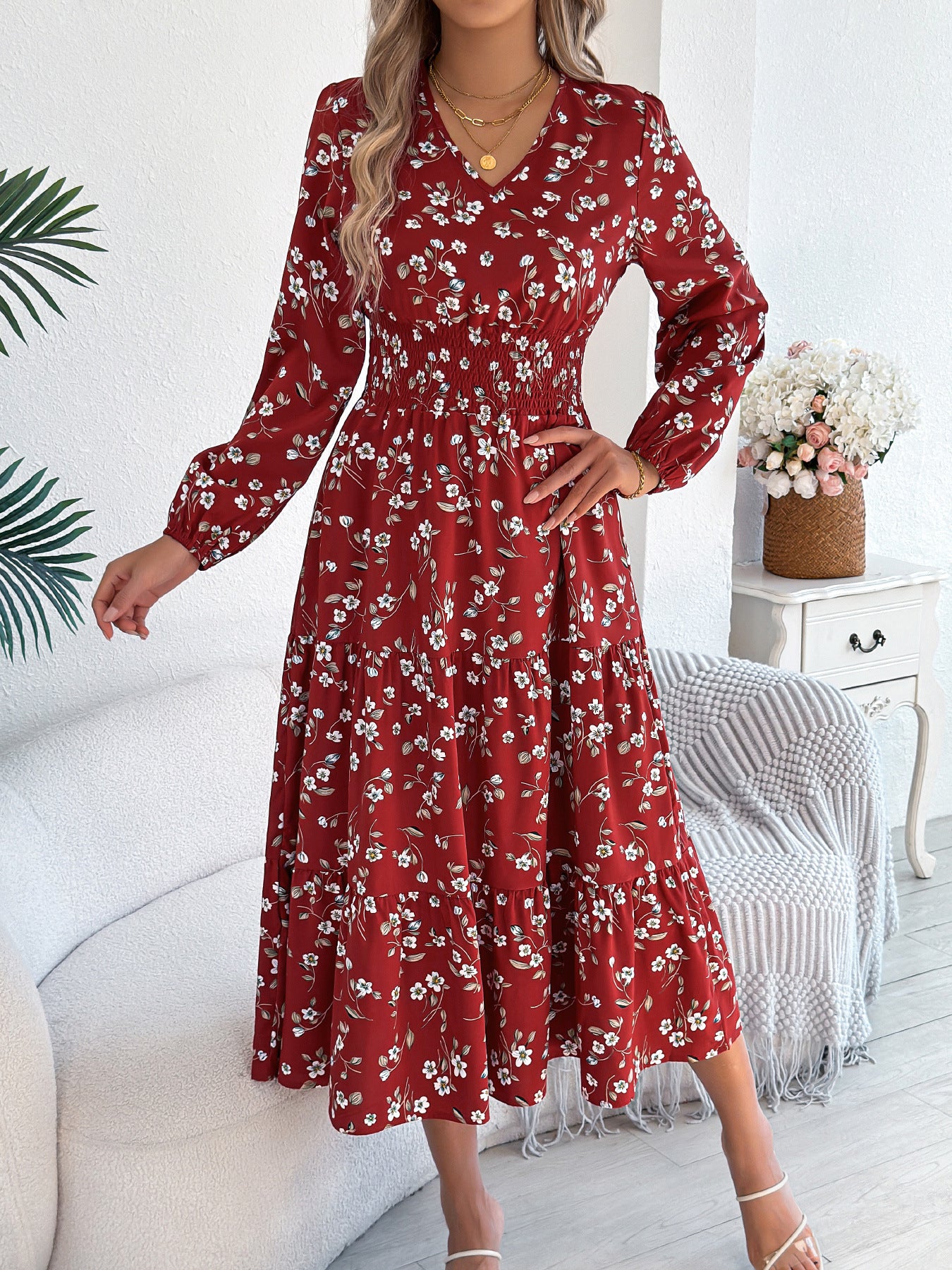 Floral V-Neck Long Sleeve Midi Dress in - by Malbusaat