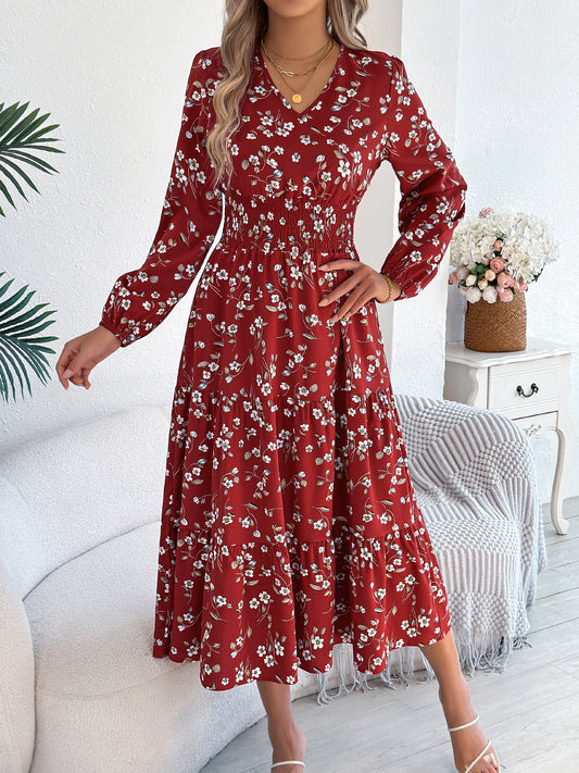 Floral V-Neck Long Sleeve Midi Dress in - by Malbusaat