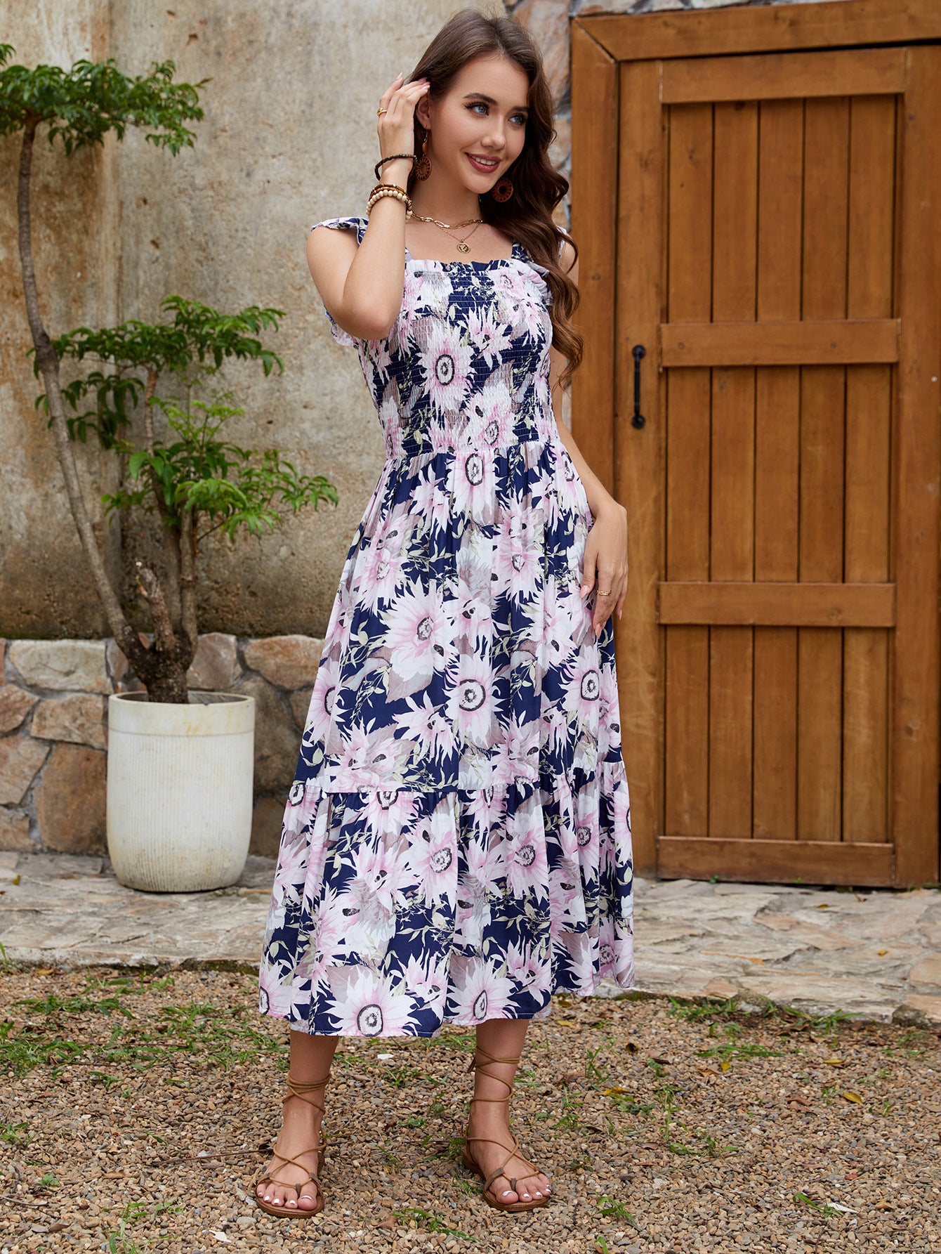 Floral Ruffle Sleeve Square Neck Midi Dress