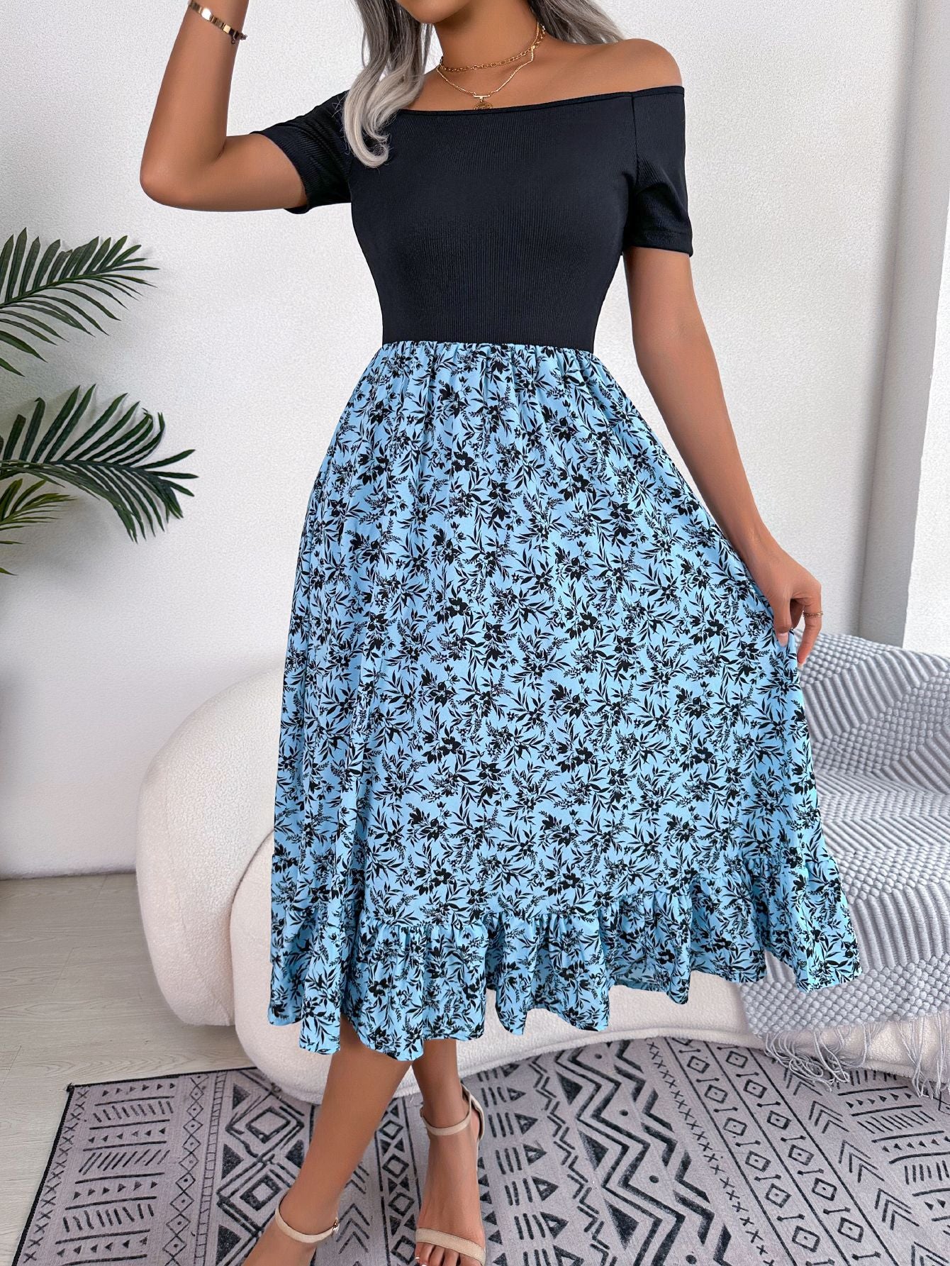 Floral Off-Shoulder Ruffle Patchwork Midi Dress in - by Malbusaat