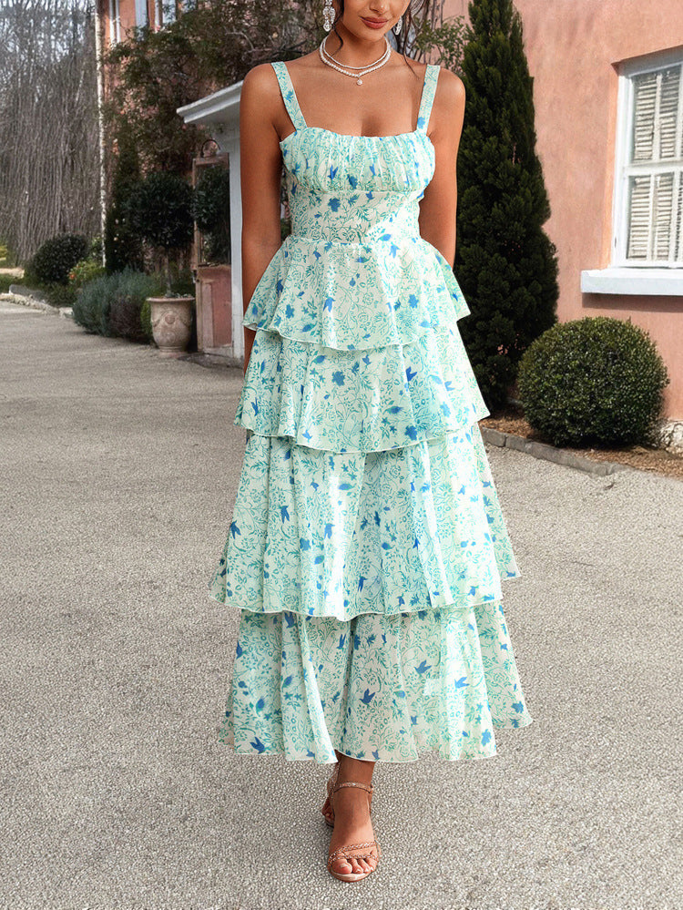 Floral Contrast-Color Chiffon Strap Dress