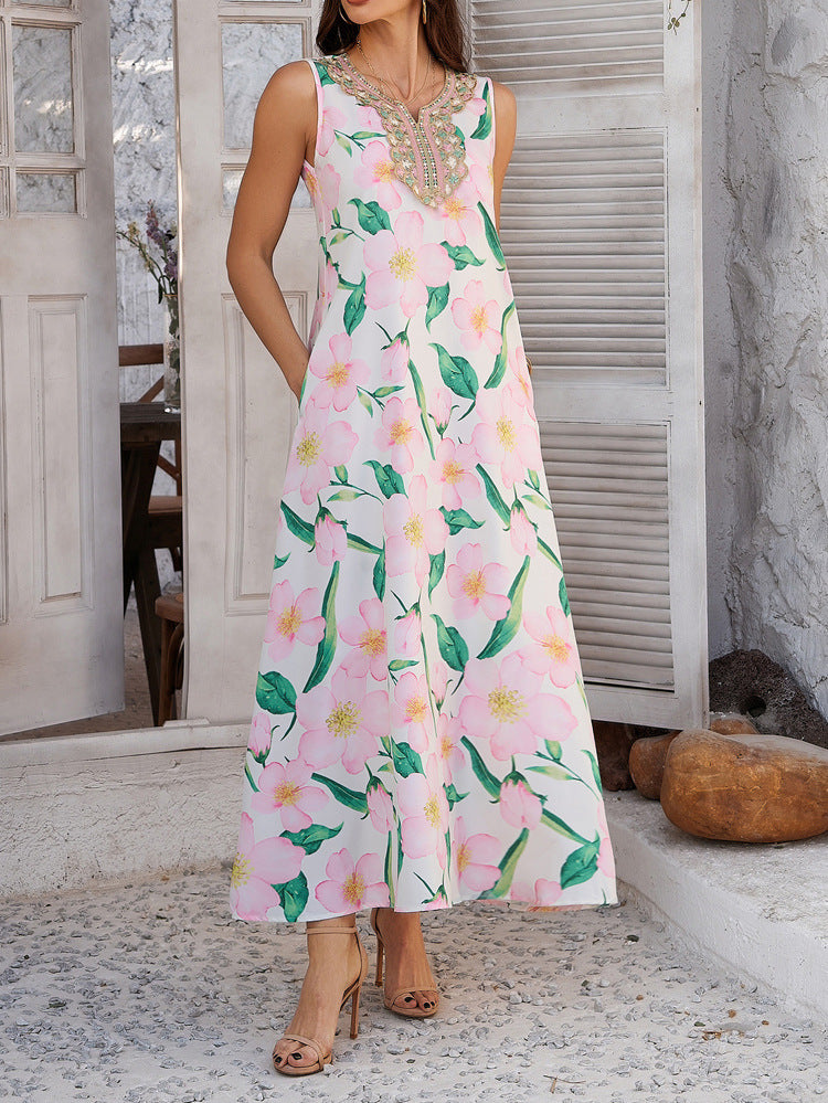 Printed Contrast Color Sleeveless Maxi