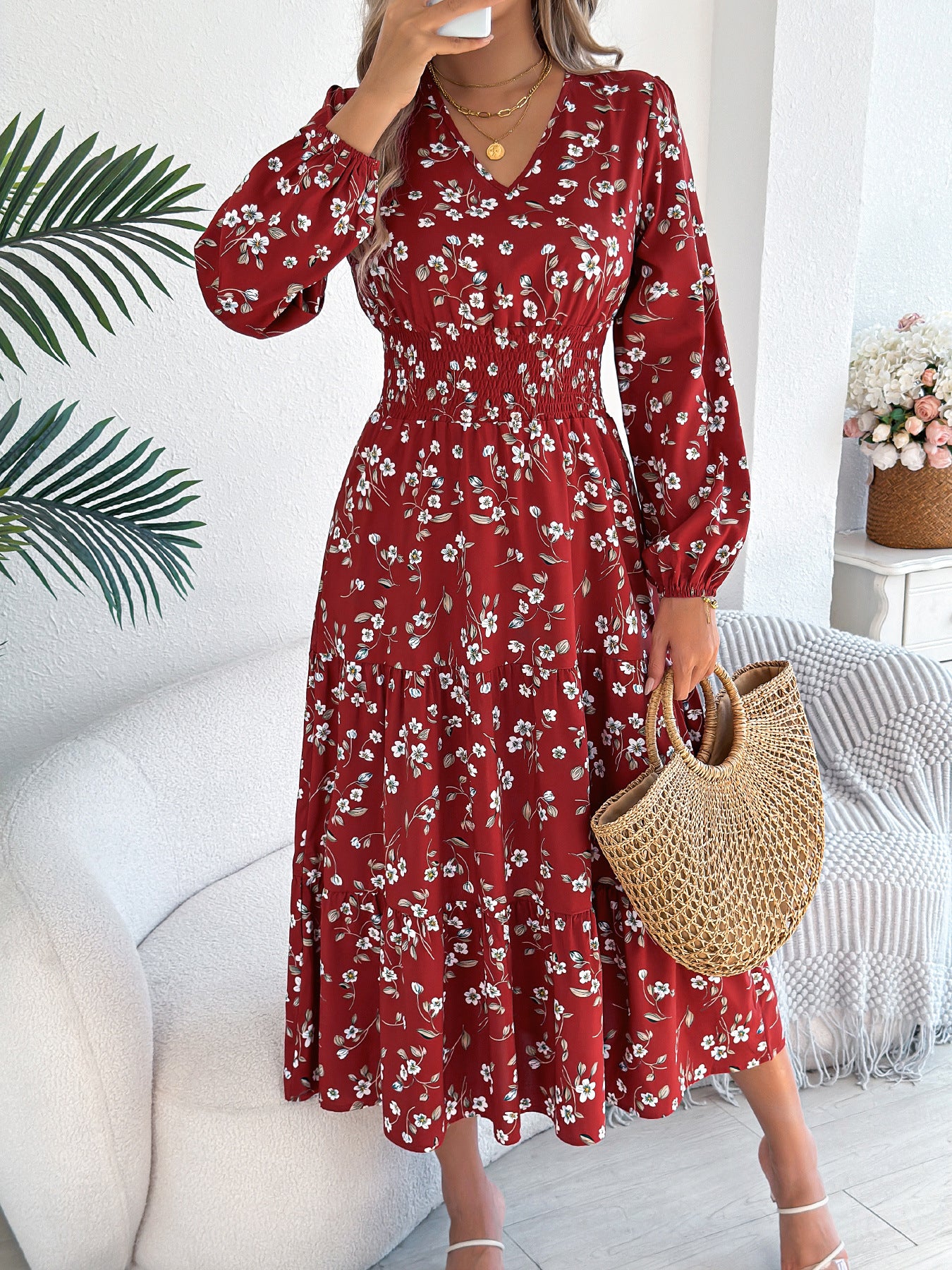 Floral V-Neck Long Sleeve Midi Dress in - by Malbusaat