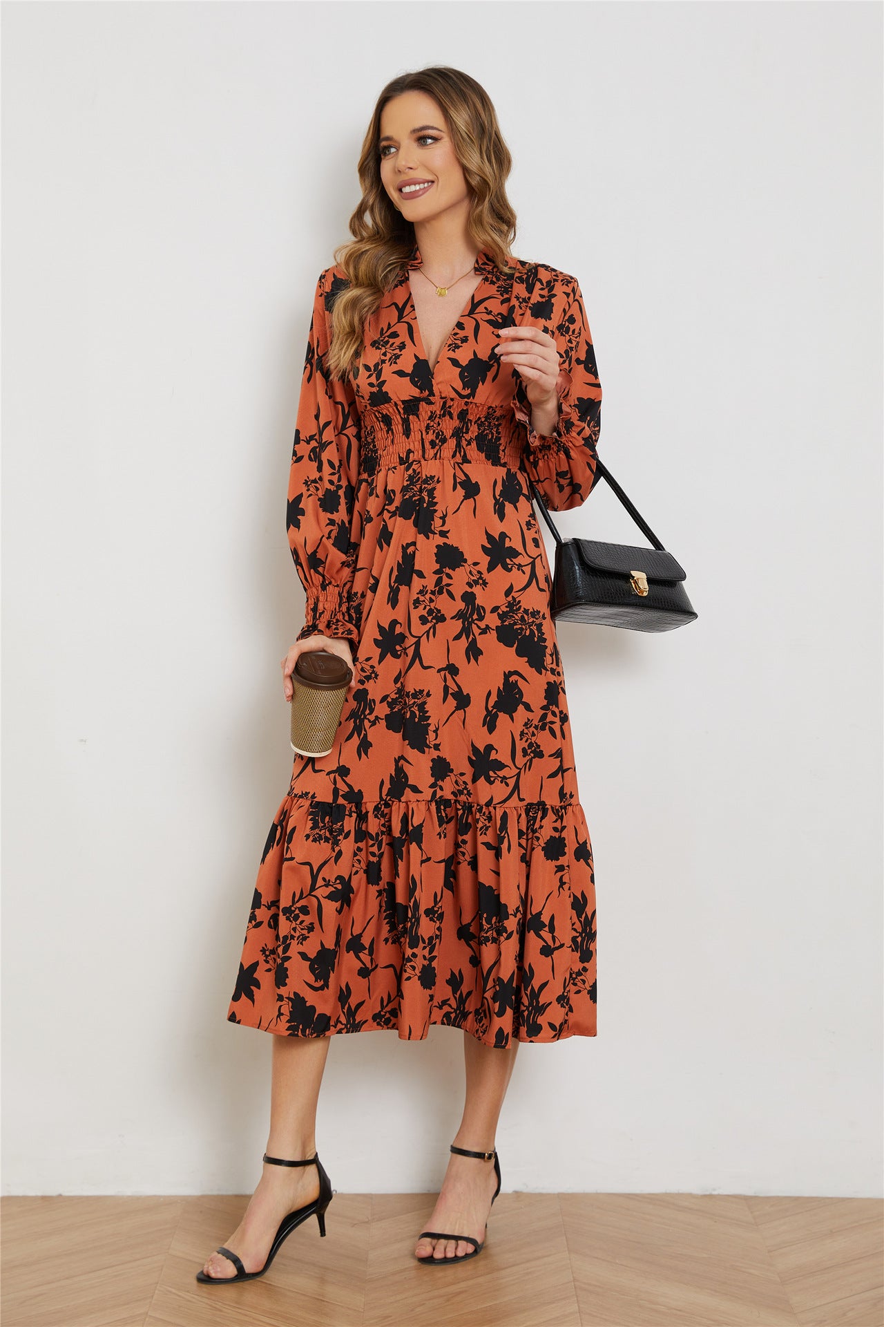V Neck Long Sleeve High Waist Midi Dress
