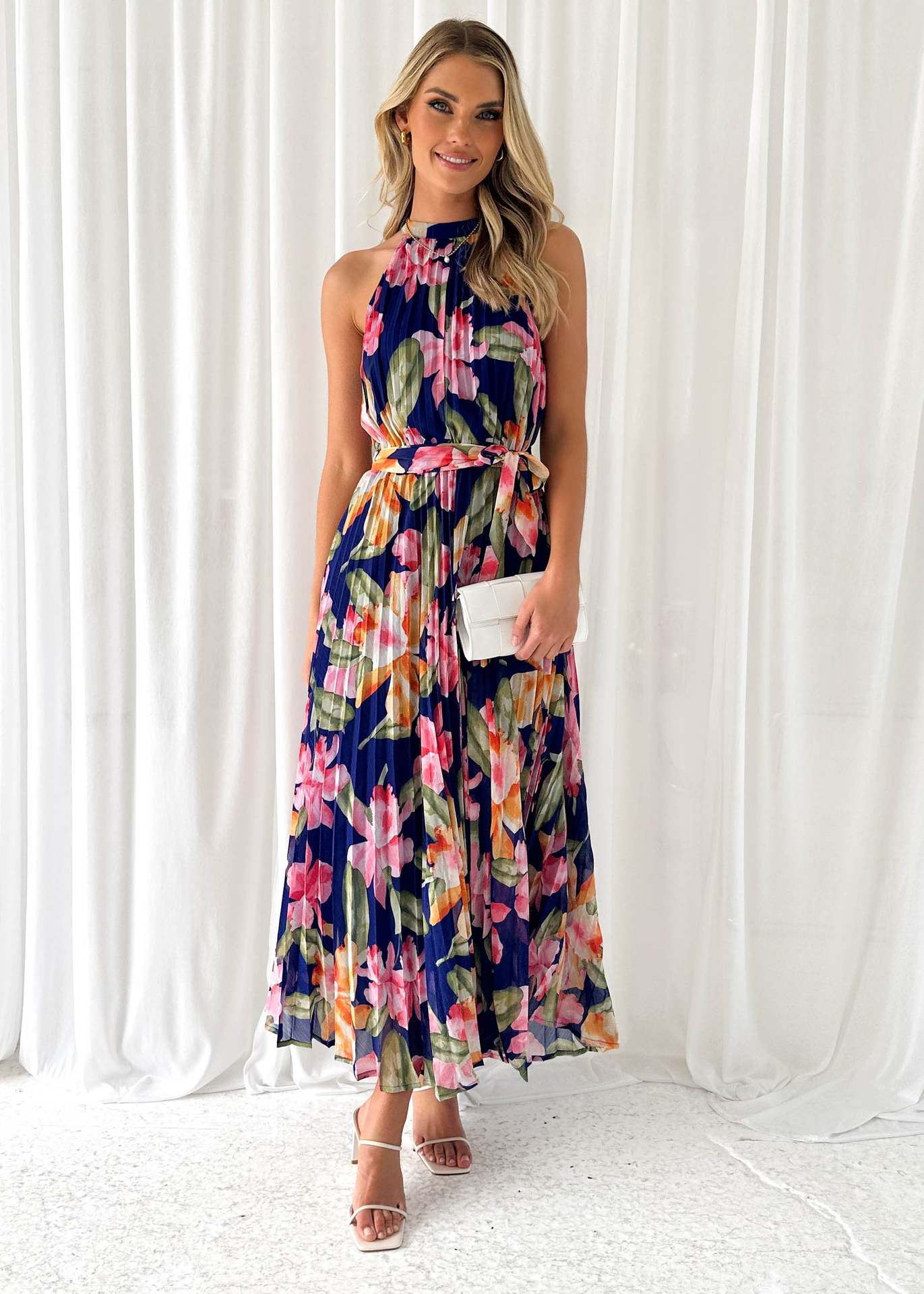 Floral Mock Neck Belted A-Line Maxi