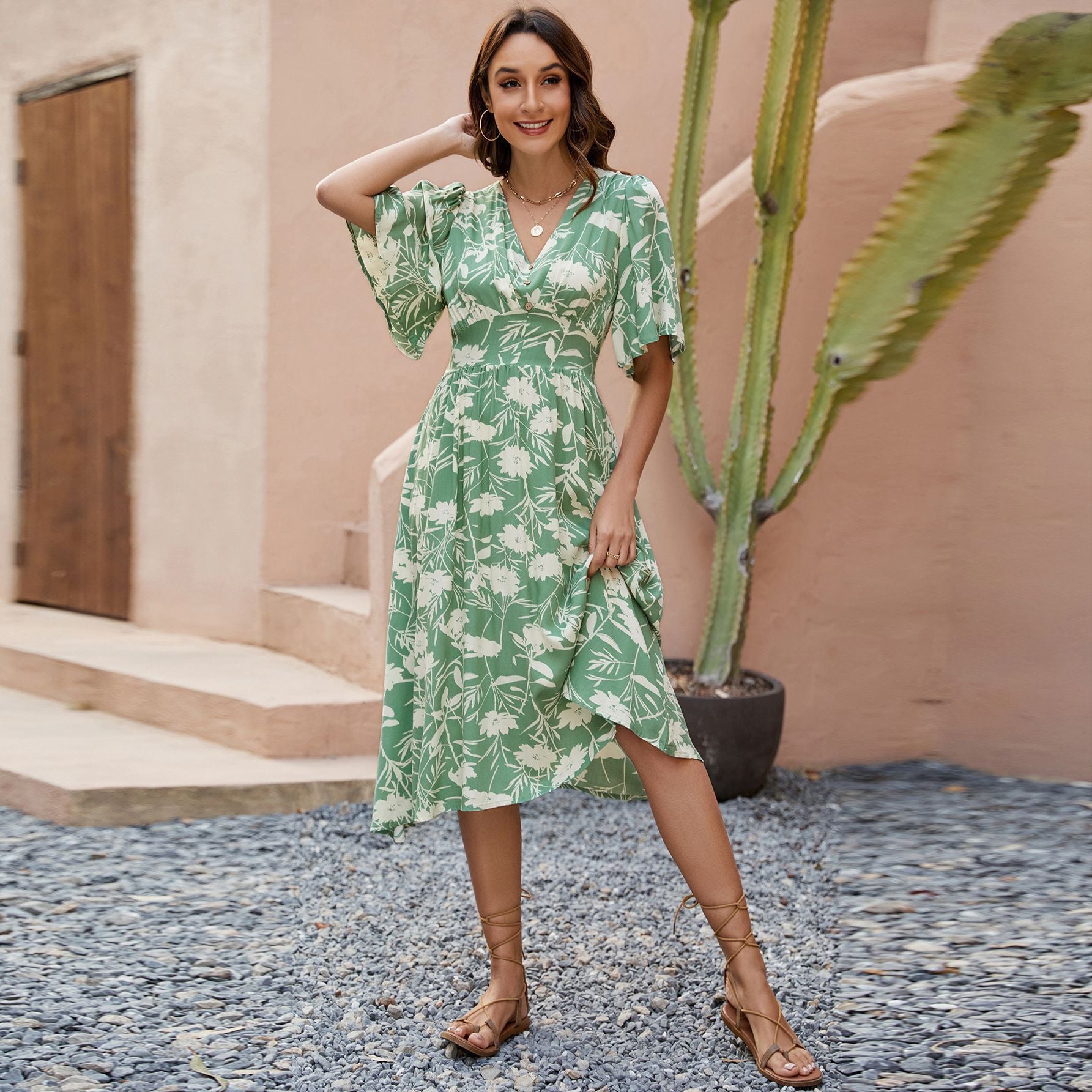 Floral V-Neck Butterfly Sleeve Midi A-Line Dress in - by Malbusaat