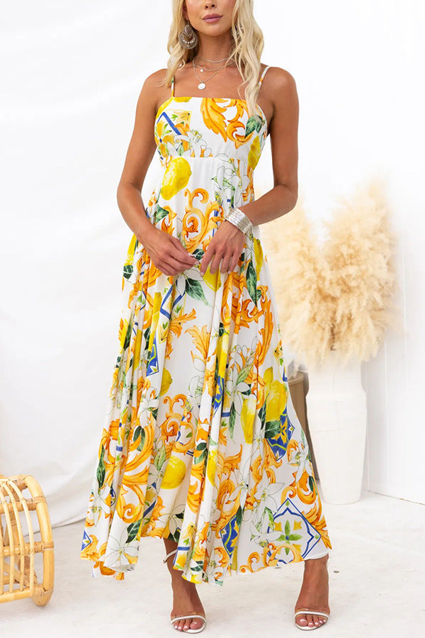 Elegant Printed Spaghetti Strap Maxi Dress in Yellow - Maxi Dress,Dresses by Malbusaat