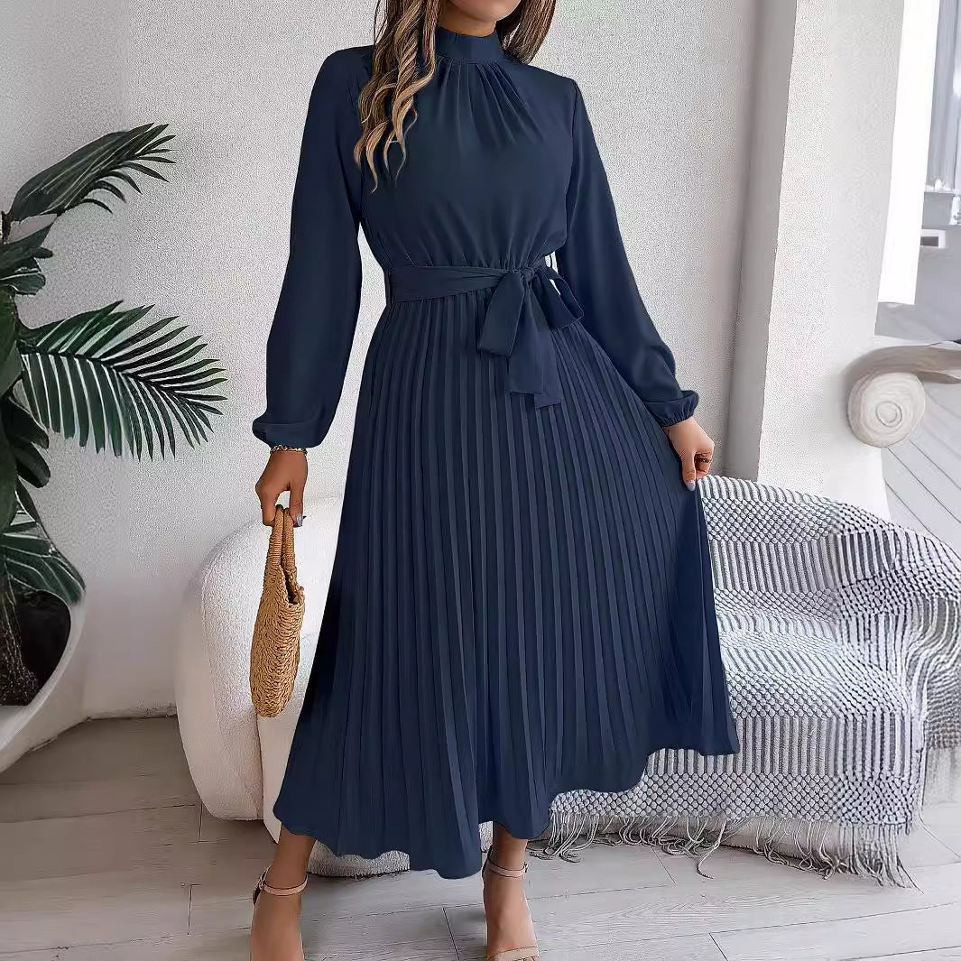 Elegant Stand Collar Pleated Maxi in - by Malbusaat