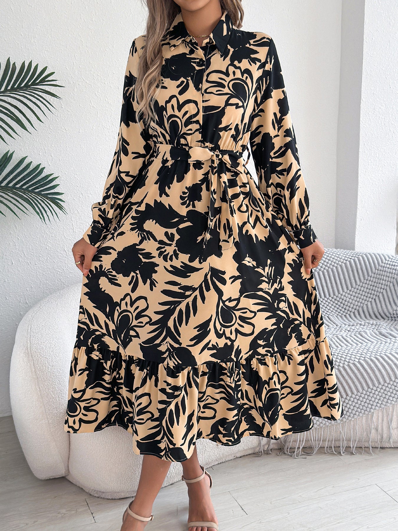 Elegant Floral Long Sleeve Shirt Dress