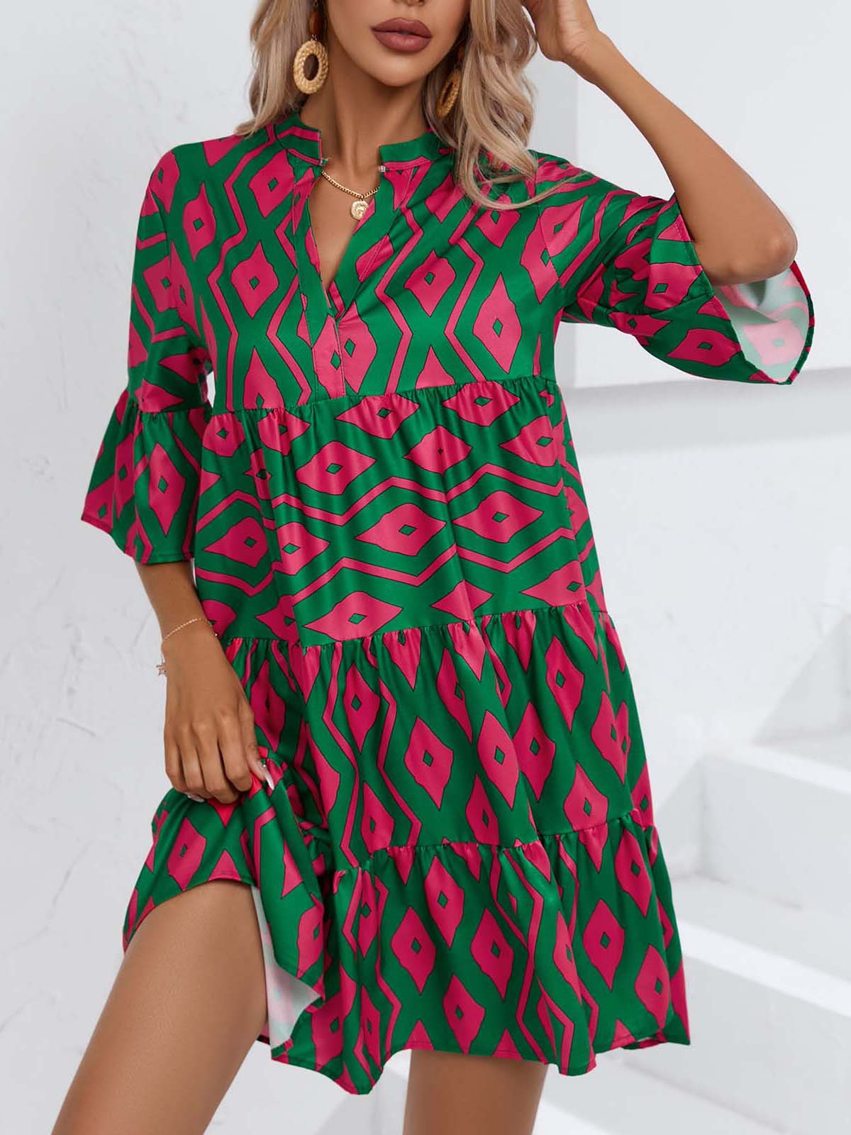 Floral V-Neck Short Summer Dress in Green - by Malbusaat