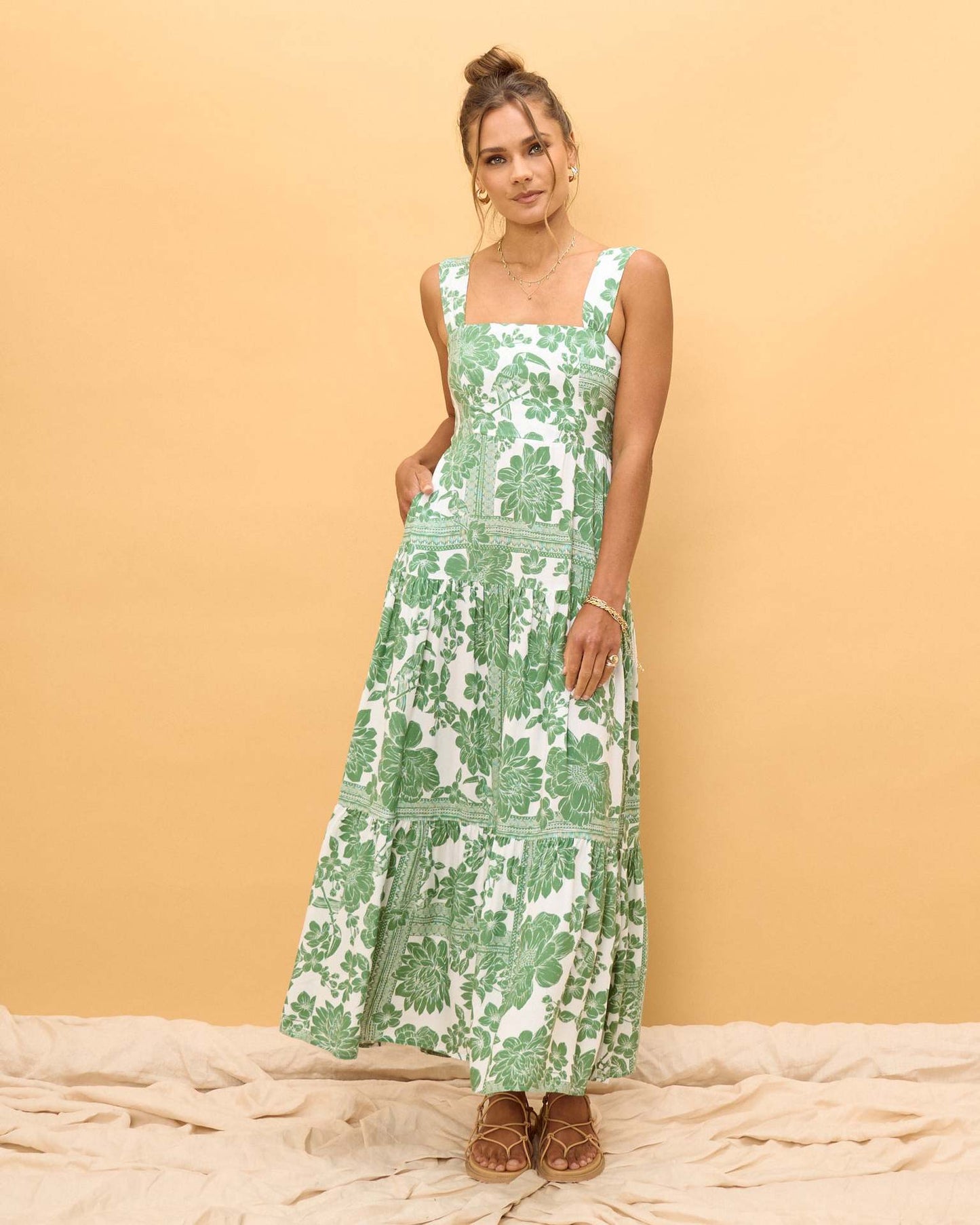 Boho Print Smocked Spaghetti Strap Midi Dress