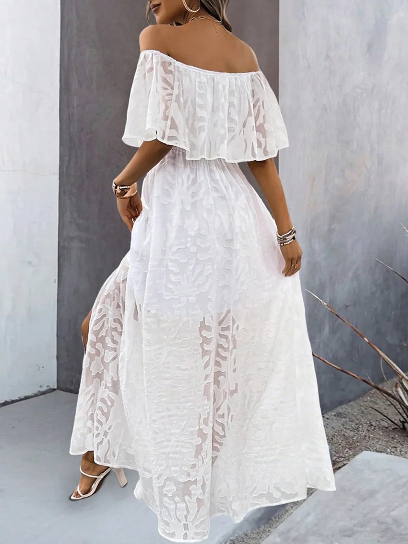 Elegant Off-Shoulder Split Long Jacquard Dress