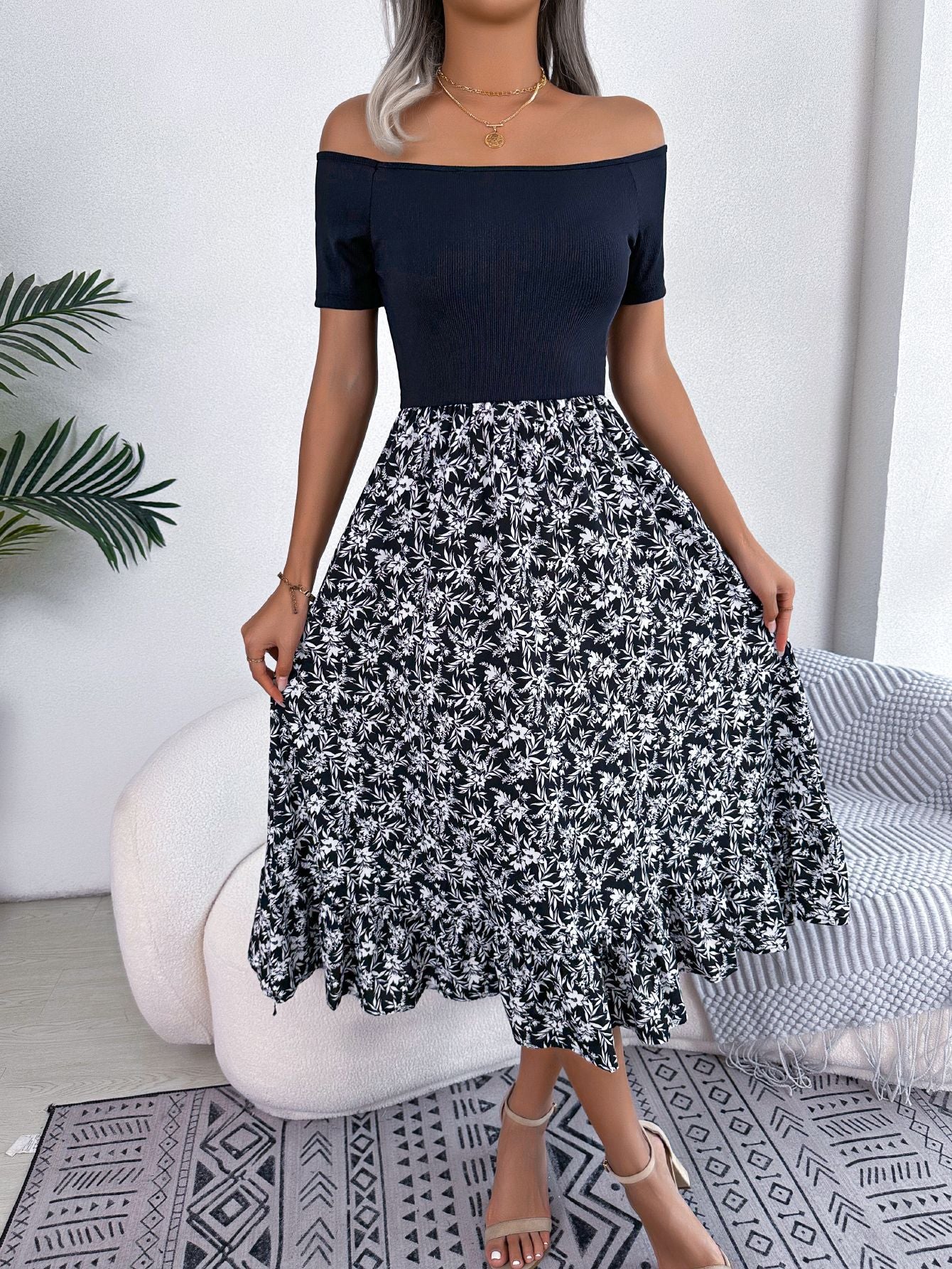 Floral Off-Shoulder Ruffle Patchwork Midi Dress in - by Malbusaat
