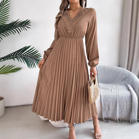 Elegant Lace V-Neck Pleated Long Sleeve Midi Dress in - by Malbusaat
