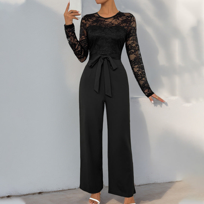 Elegant Lace Stitching Belted Jumpsuit in - by Malbusaat