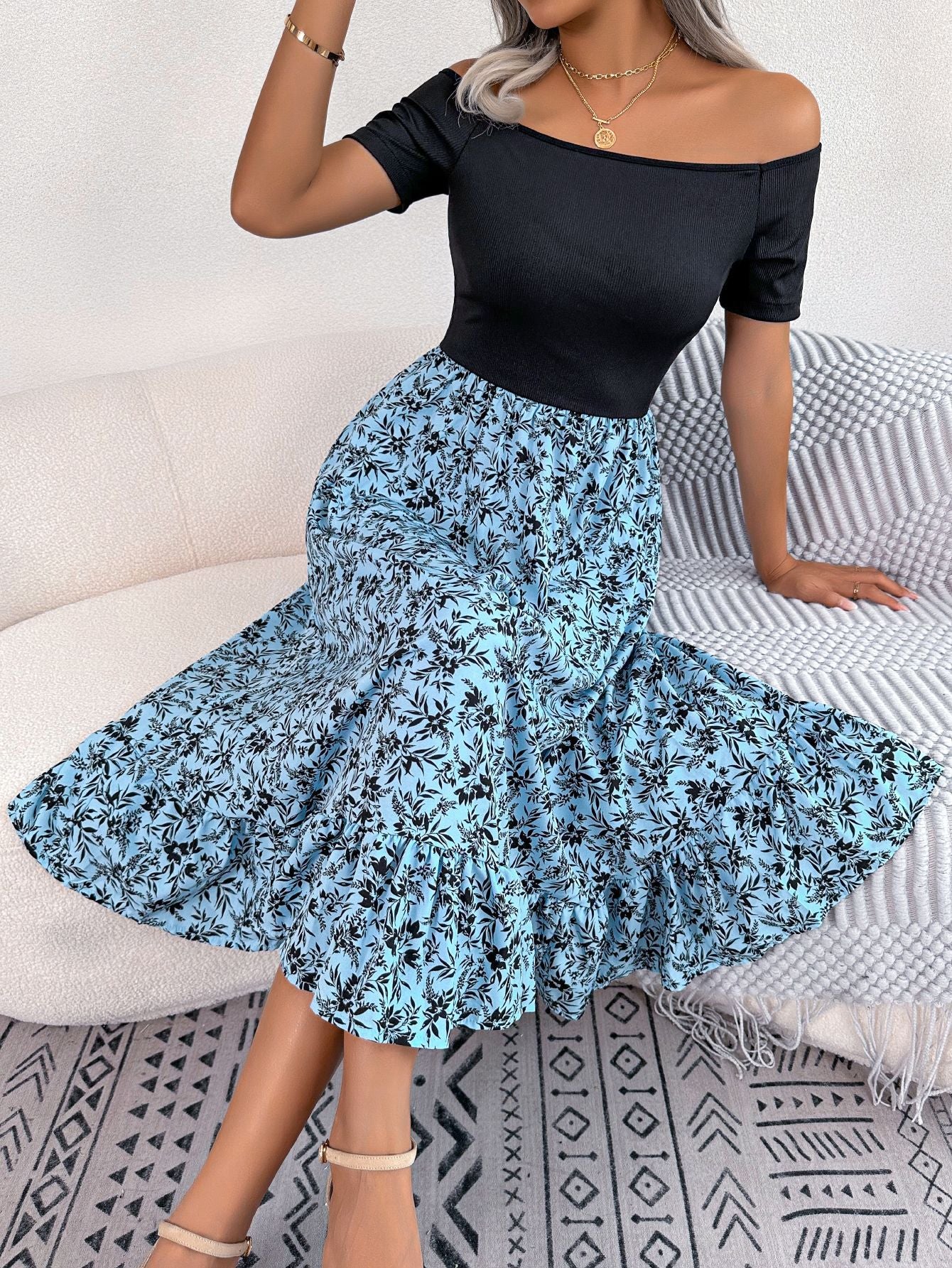Floral Off-Shoulder Ruffle Patchwork Midi Dress