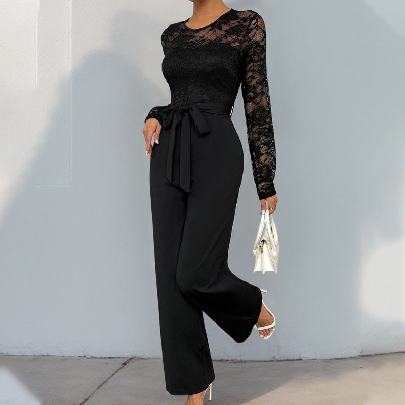 Elegant Lace Stitching Belted Jumpsuit in - by Malbusaat