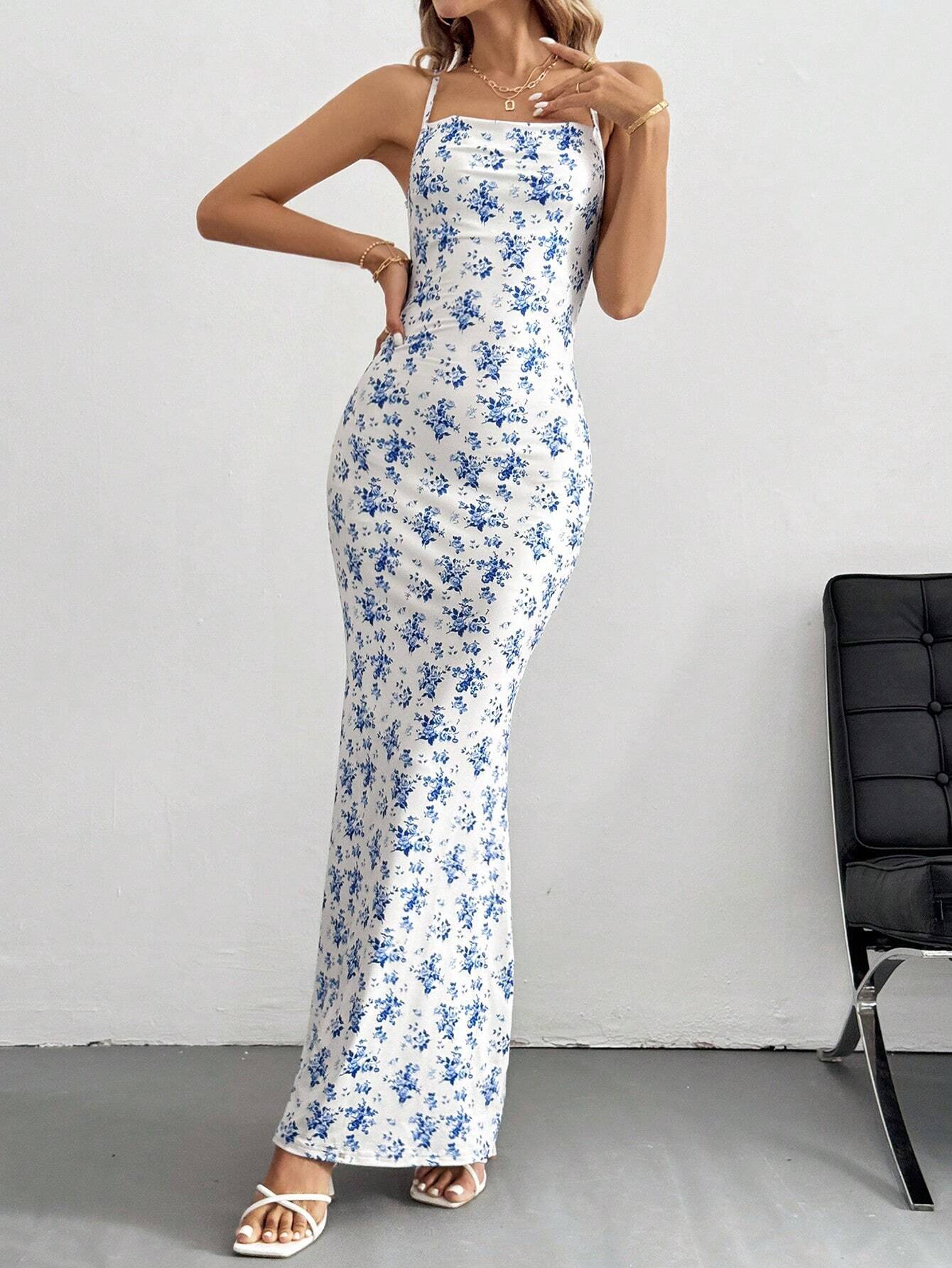 Floral Halter Backless Bodycon Maxi