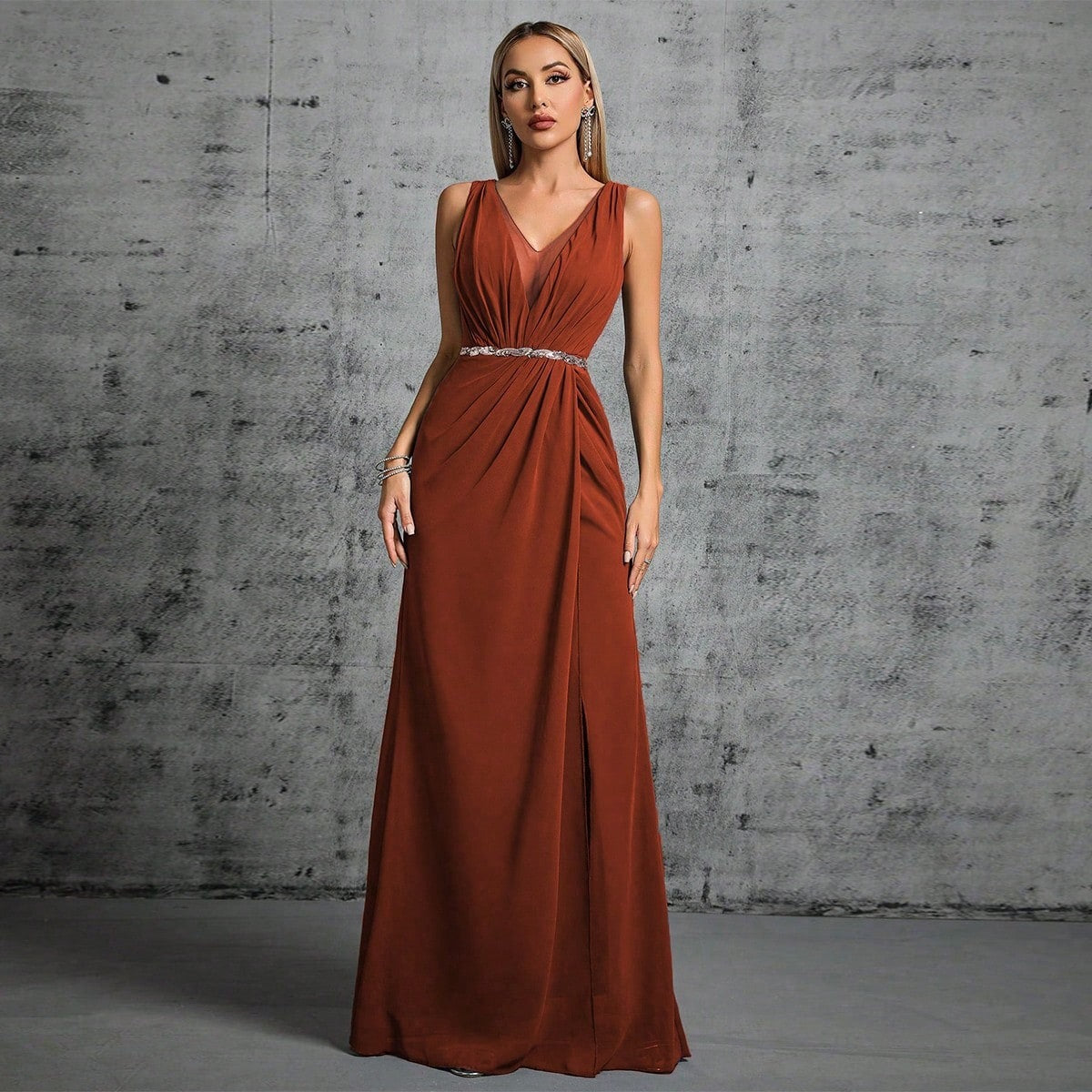 Elegant Brown V-Neck Maxi in - by Malbusaat