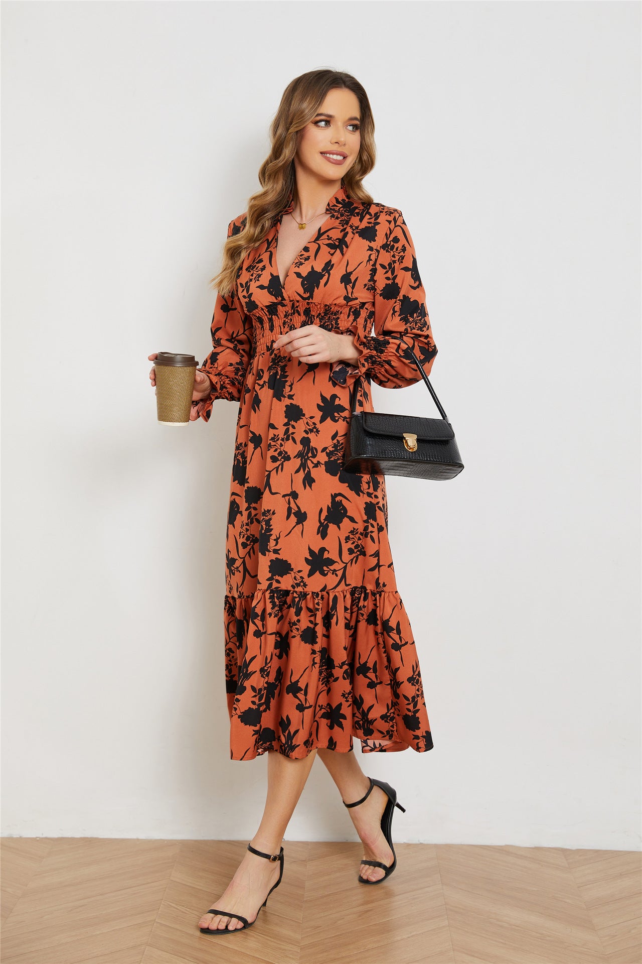 V Neck Long Sleeve High Waist Midi Dress in - by Malbusaat