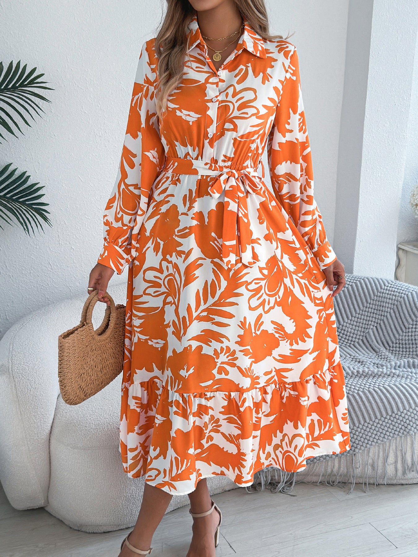 Elegant Floral Long Sleeve Shirt Dress