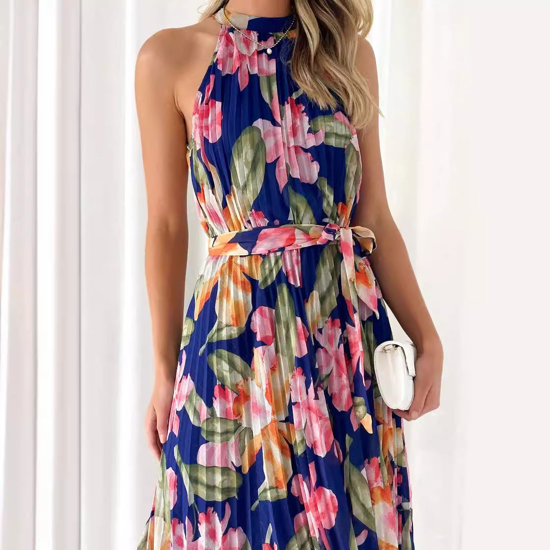 Floral Mock Neck Belted A-Line Maxi in - by Malbusaat