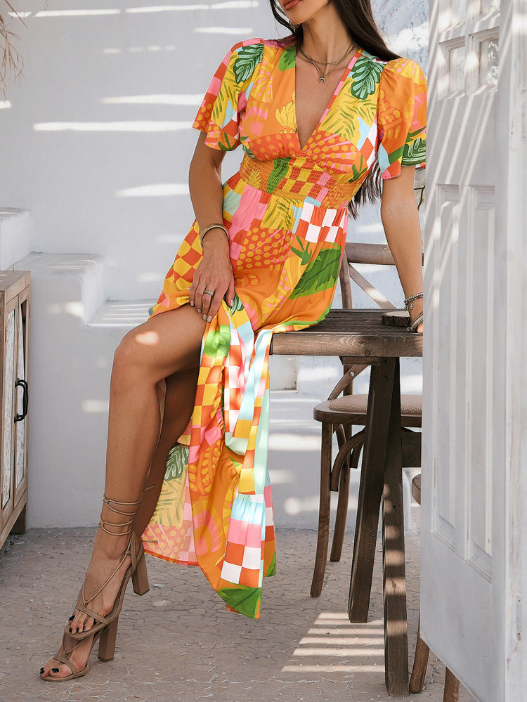 Printed Contrast Color V-neck Maxi