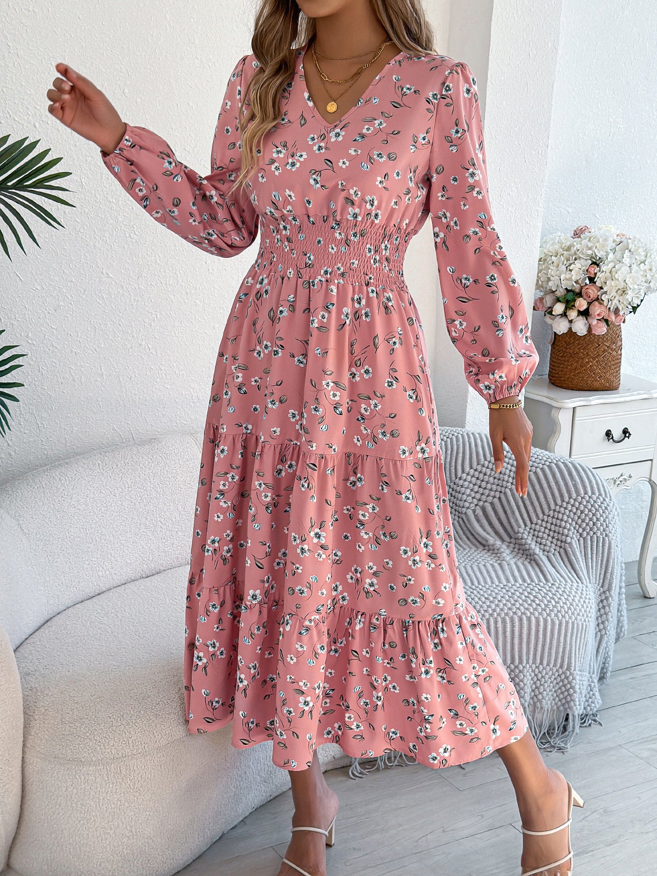 Floral V-Neck Long Sleeve Midi Dress in - by Malbusaat