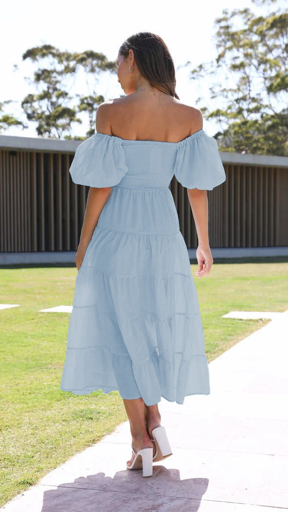 Printed Off-Shoulder Puff Sleeve Maxi
