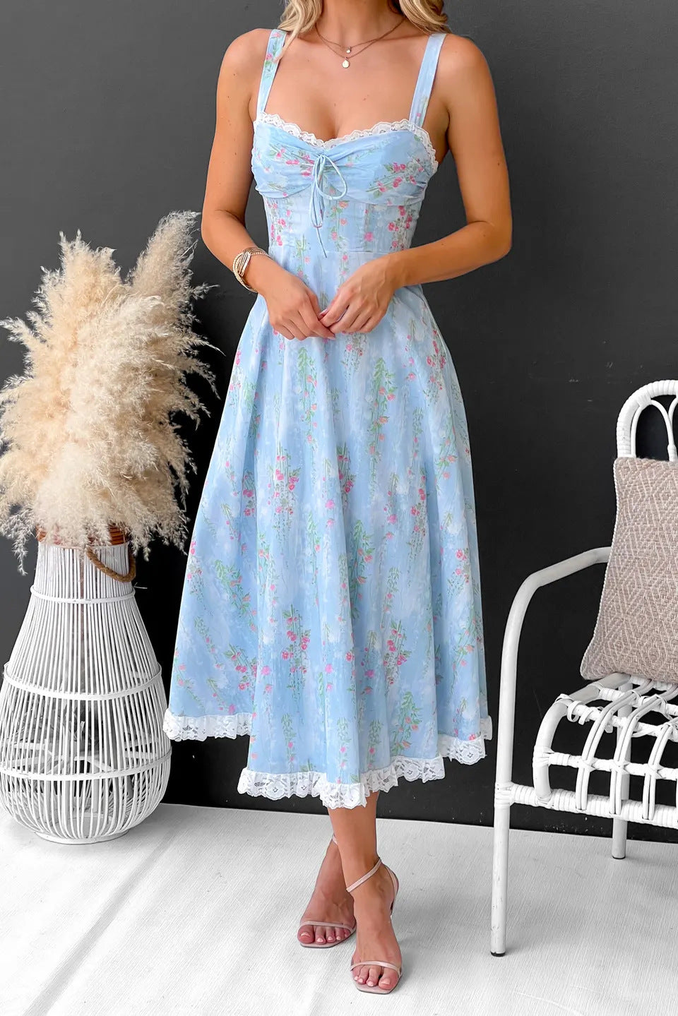 Slim Floral Print Lace Spaghetti Strap Dress