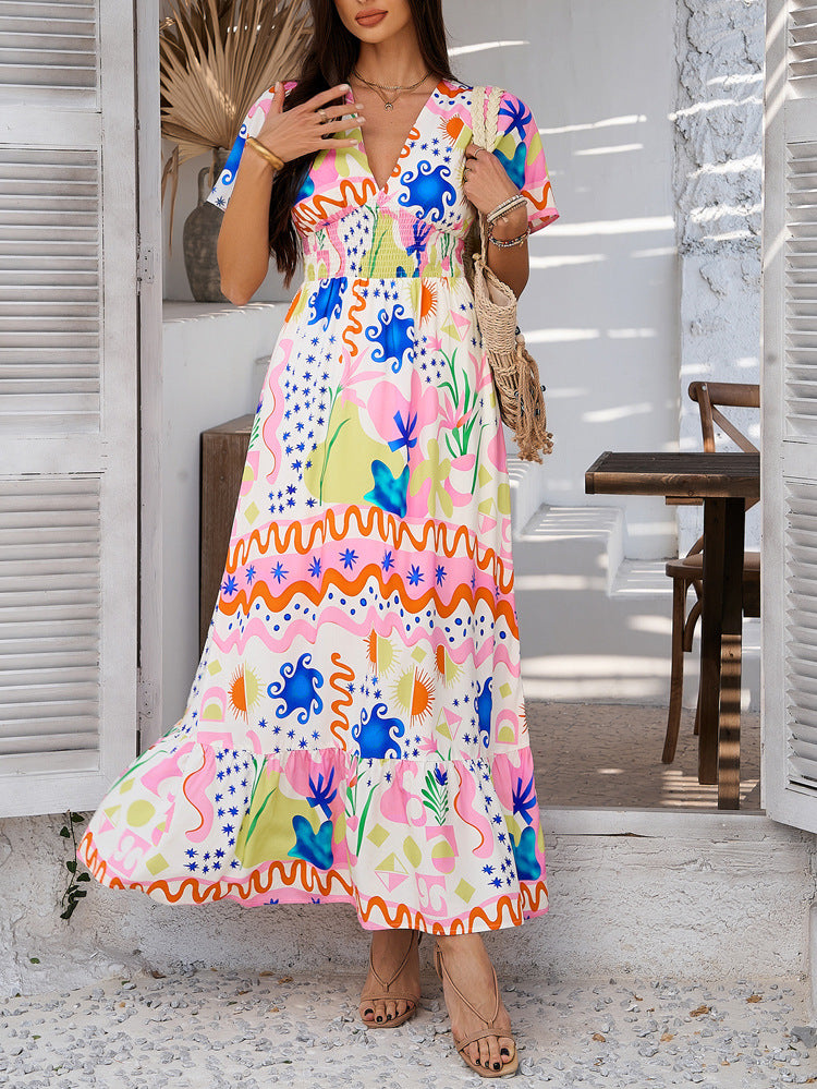 Printed Contrast Color V-neck Maxi in - by Malbusaat