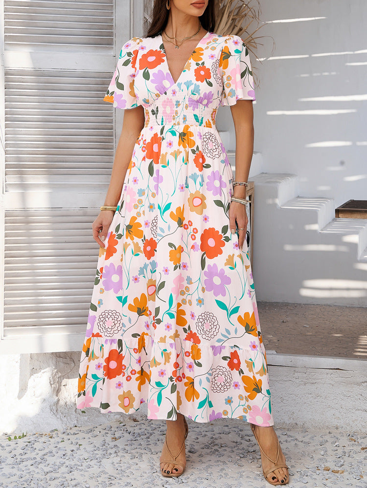Printed Contrast Color V-neck Maxi in - by Malbusaat