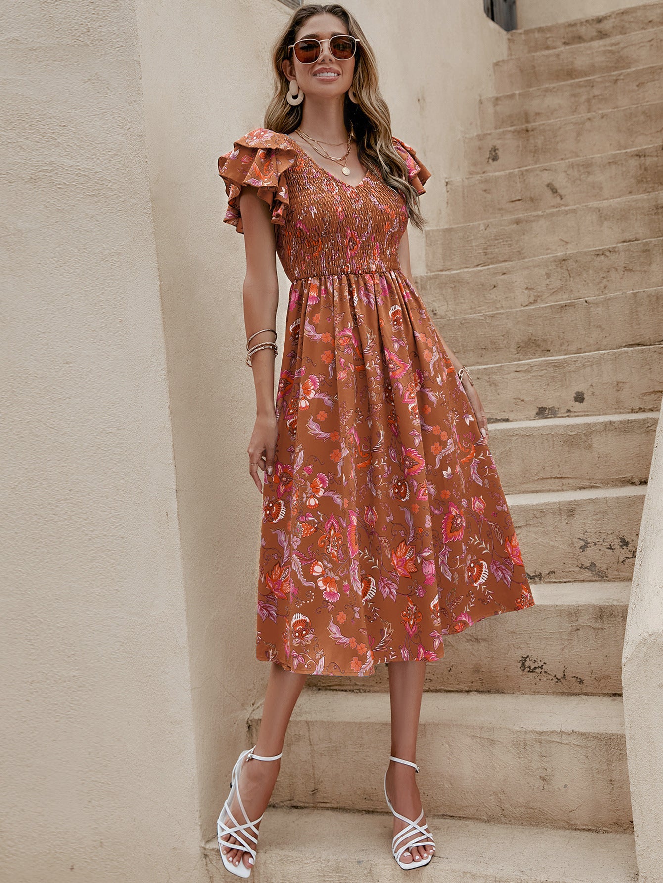 Floral V-Neck Midi Dress in - by Malbusaat