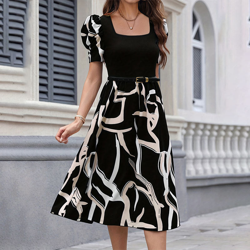 Graffiti Print Square Neck Puff Sleeve Midi Dress