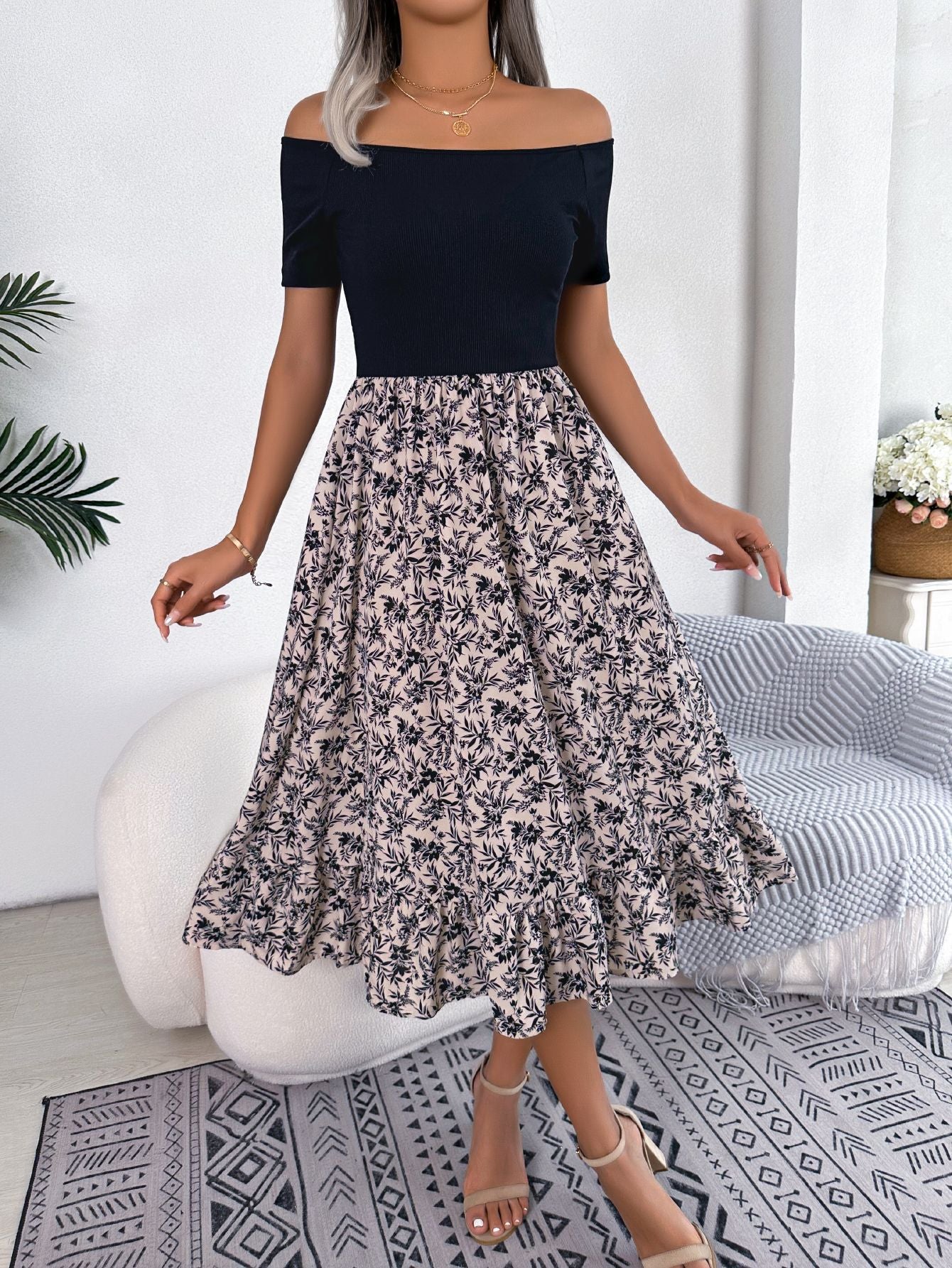 Floral Off-Shoulder Ruffle Patchwork Midi Dress