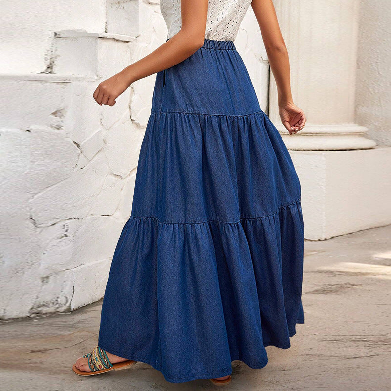 Denim Casual Tiered Long Skirt