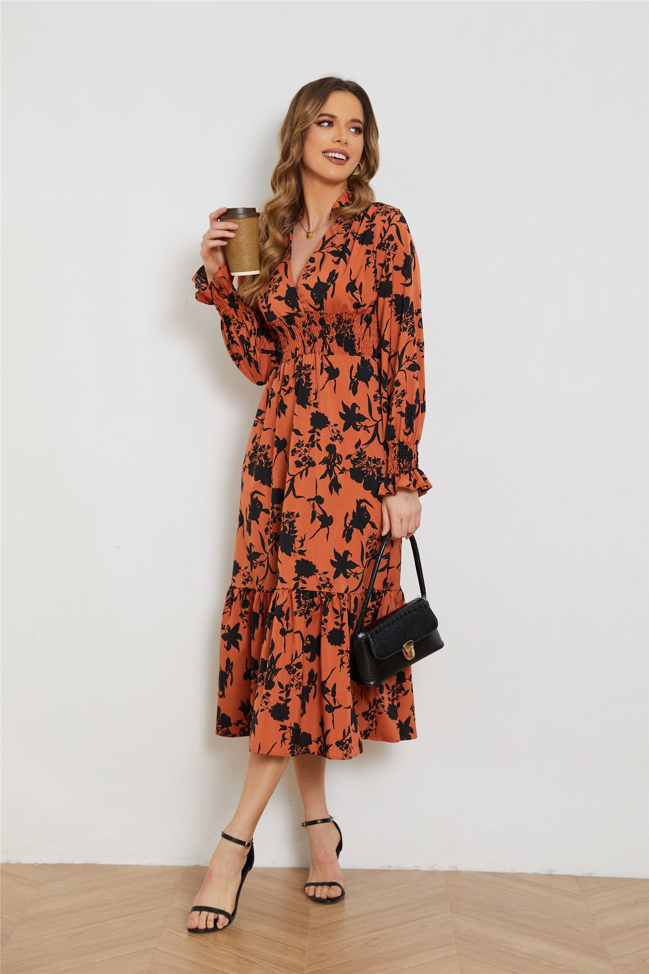 V Neck Long Sleeve High Waist Midi Dress in - by Malbusaat