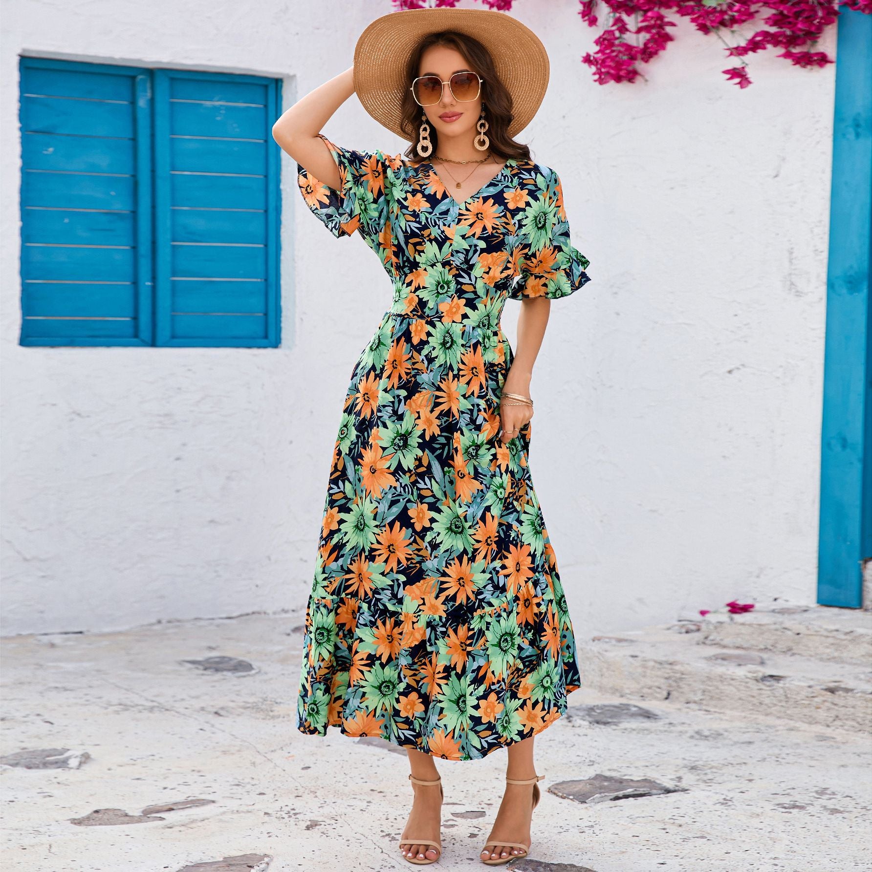 Ruffled V-Neck Short Sleeve Maxi in Multi - by Malbusaat