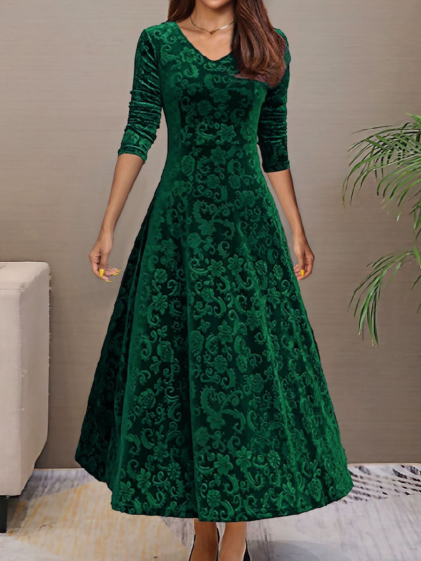 Plus Size Velvet Mid-Length Dress in Green - by Malbusaat