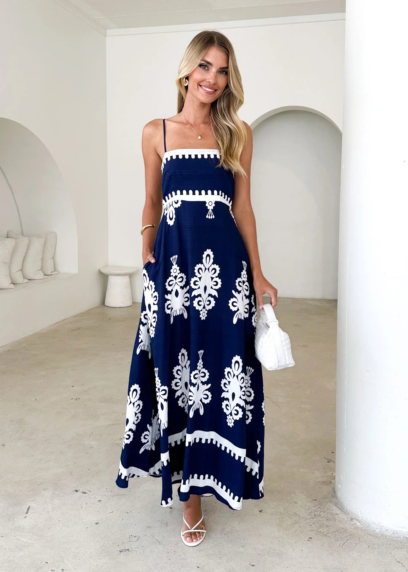 Graphic Print Smocked Cami Swing Maxi