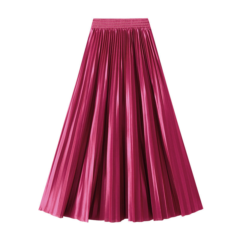 Glossy High-Waist Pleated A-Line Skirt in One Size Purple1 - by Malbusaat