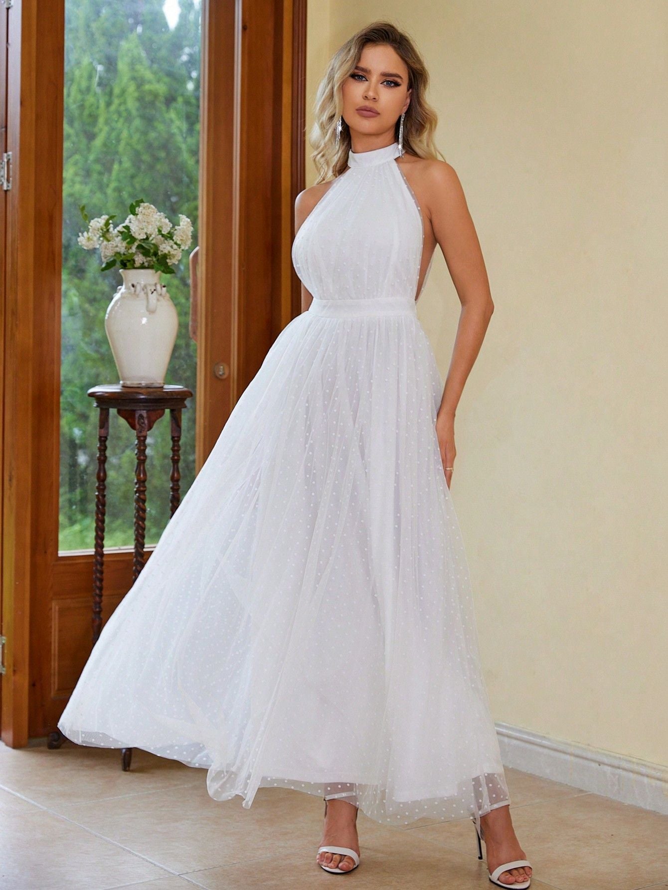 Elegant White Halter Mesh Maxi in - by Malbusaat