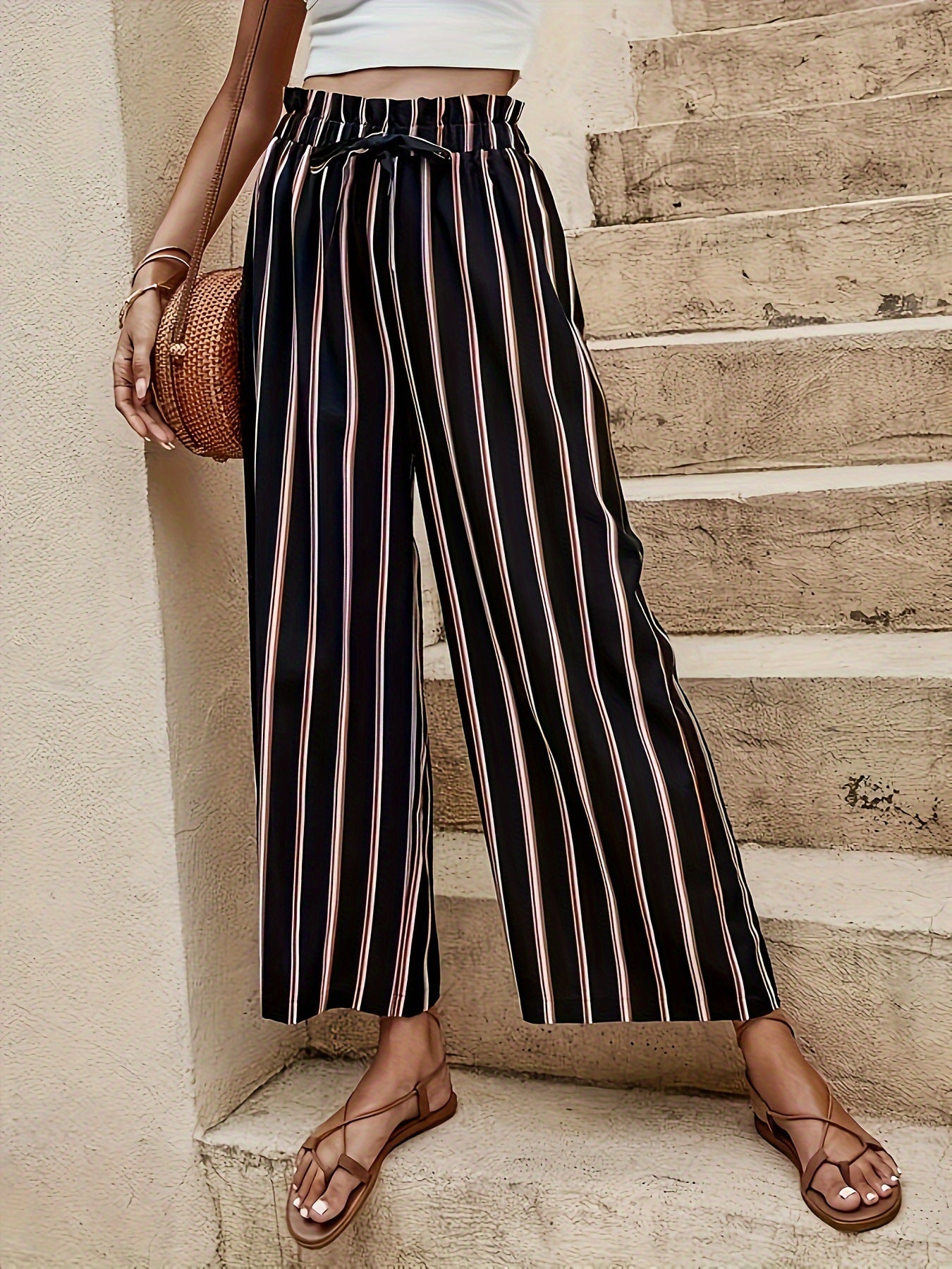 High-Waist Striped Wide-Leg Pants in - by Malbusaat