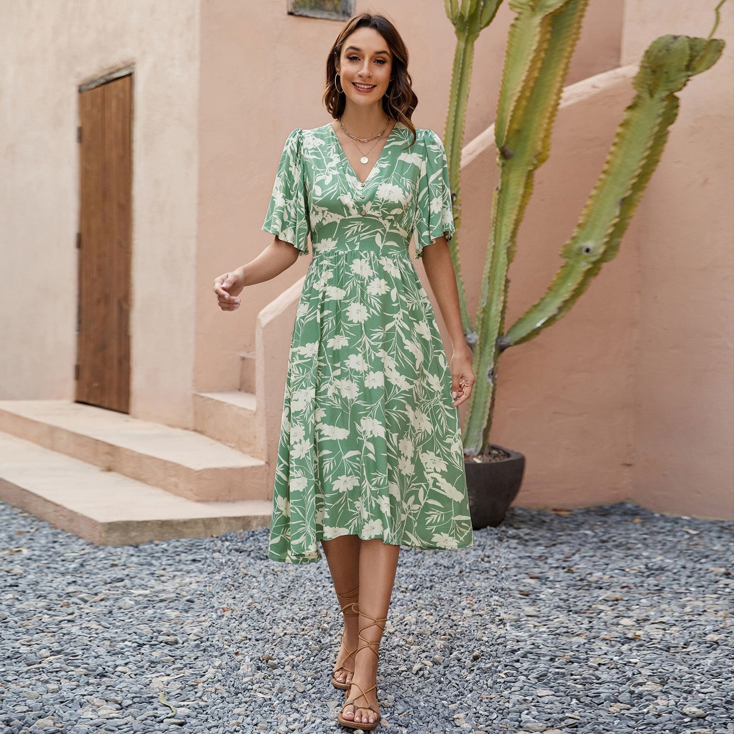 Floral V-Neck Butterfly Sleeve Midi A-Line Dress