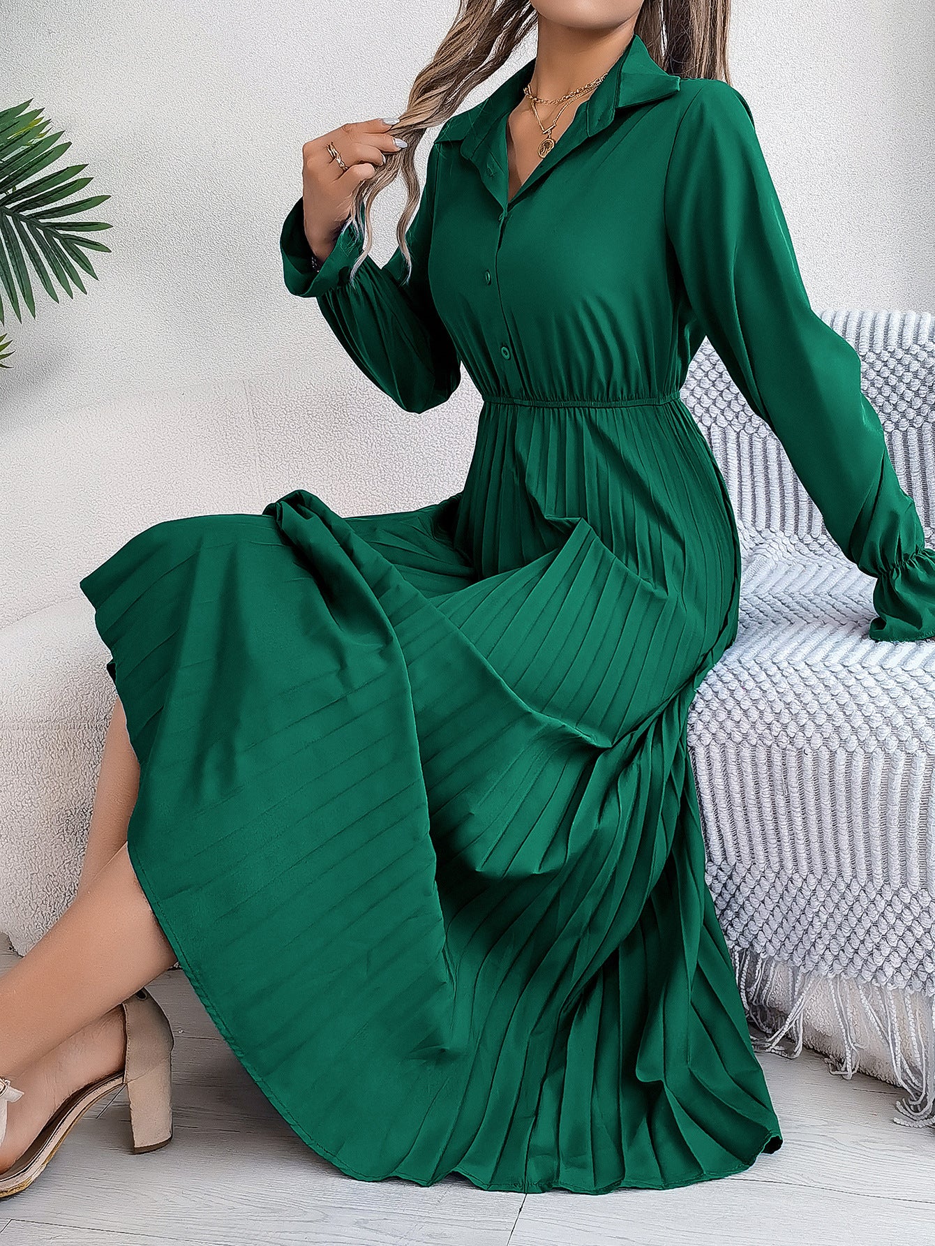 Elegant Collared Maxi Dress in blackish green - by Malbusaat