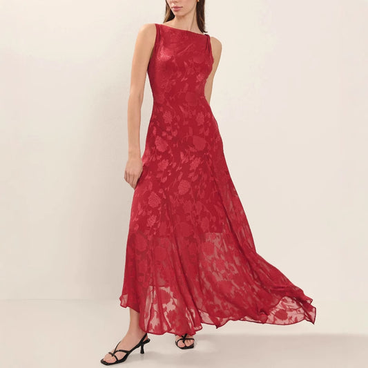 Red Lace Backless Floral Maxi Dress in - by Malbusaat