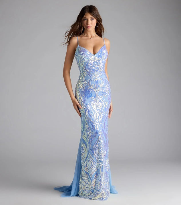 Blue Sequined V Neck Evening Dress in Blue - by Malbusaat