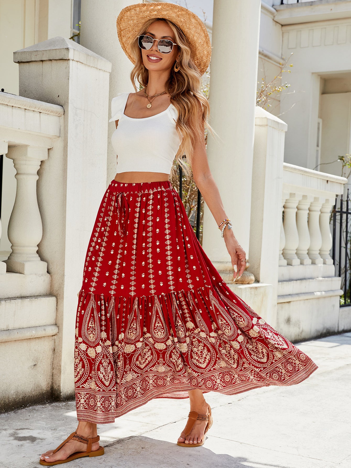 Bohemian High-Waist Swing Skirt in - by Malbusaat