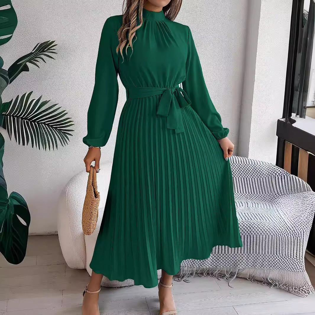 Elegant Stand Collar Pleated Maxi in - by Malbusaat